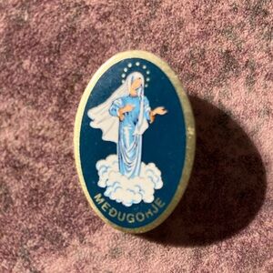 Vintage Medugorje Blue and White Religious Pin